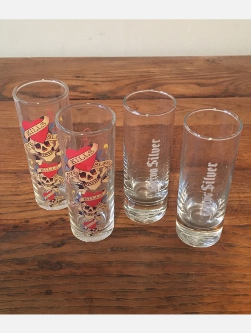 Set of 4 Tequila Shot Glasses Glass Cuervo Silver Ed Hardy Party Shots Celebrate